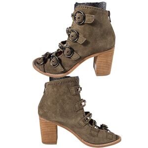 Jeffrey Campbell Taupe Suede Boots Buckle Studded Peep Toe Heels Shoes Sandals 7